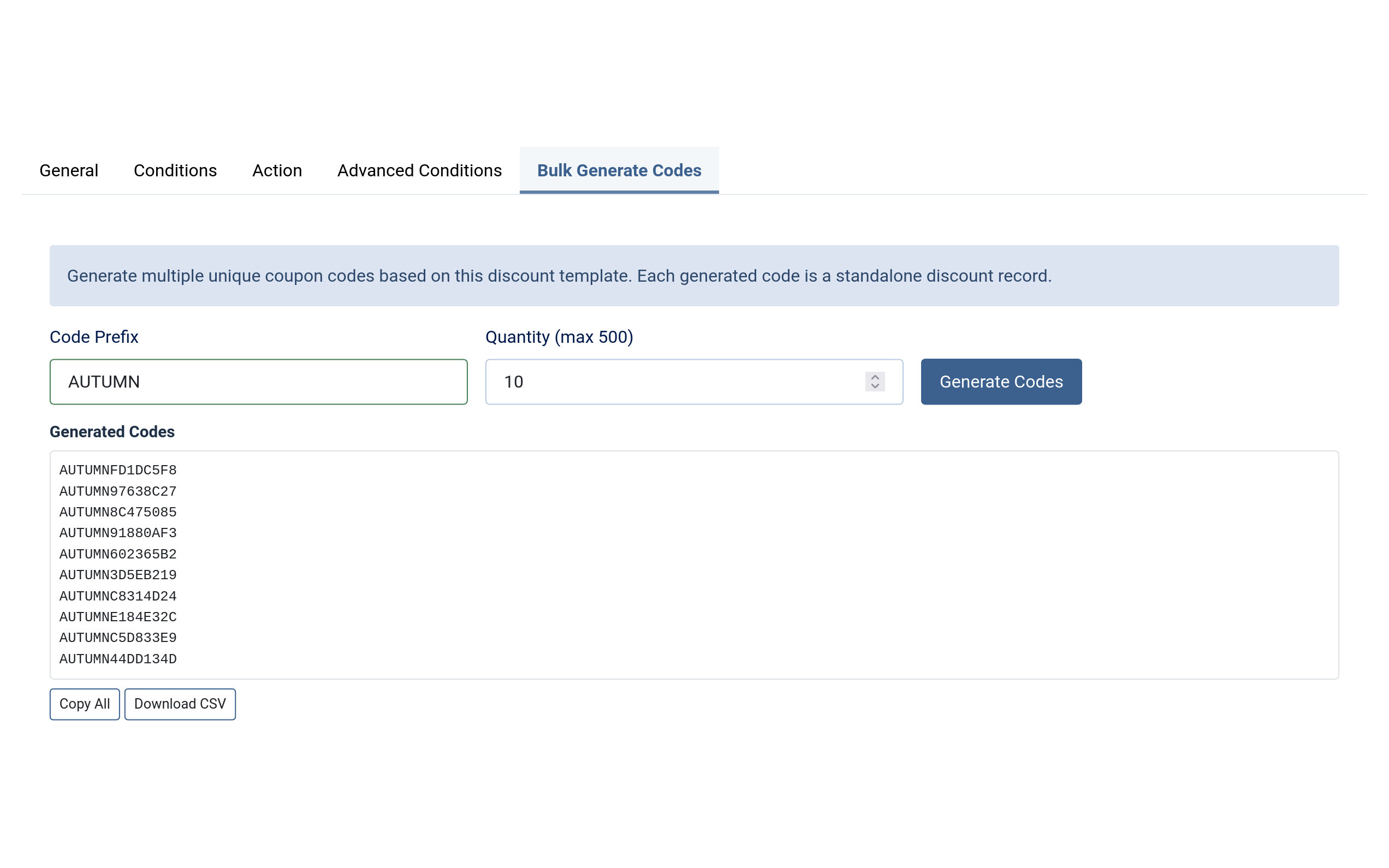 The Bulk Generate Codes tab of a Solidshop coupon discount, with a Code Prefix of AUTUMN and a quantity of 10 beside a Generate Codes button, above a list of ten generated codes such as AUTUMNFD1DC5F8 and Copy All and Download CSV buttons