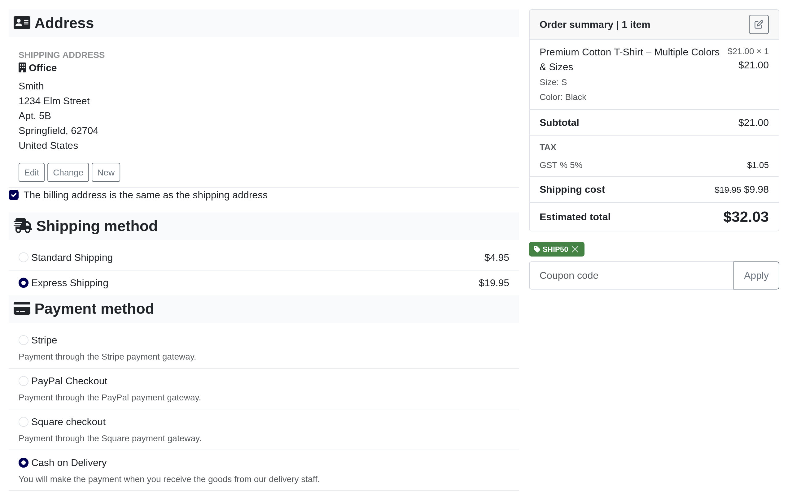 A Solidshop checkout with the SHIP50 coupon applied: Express Shipping at 19.95 dollars is selected in the shipping method list, and the order summary shows the shipping cost as 19.95 dollars struck through beside a reduced 9.98 dollars, giving an estimated total of 32.03 dollars