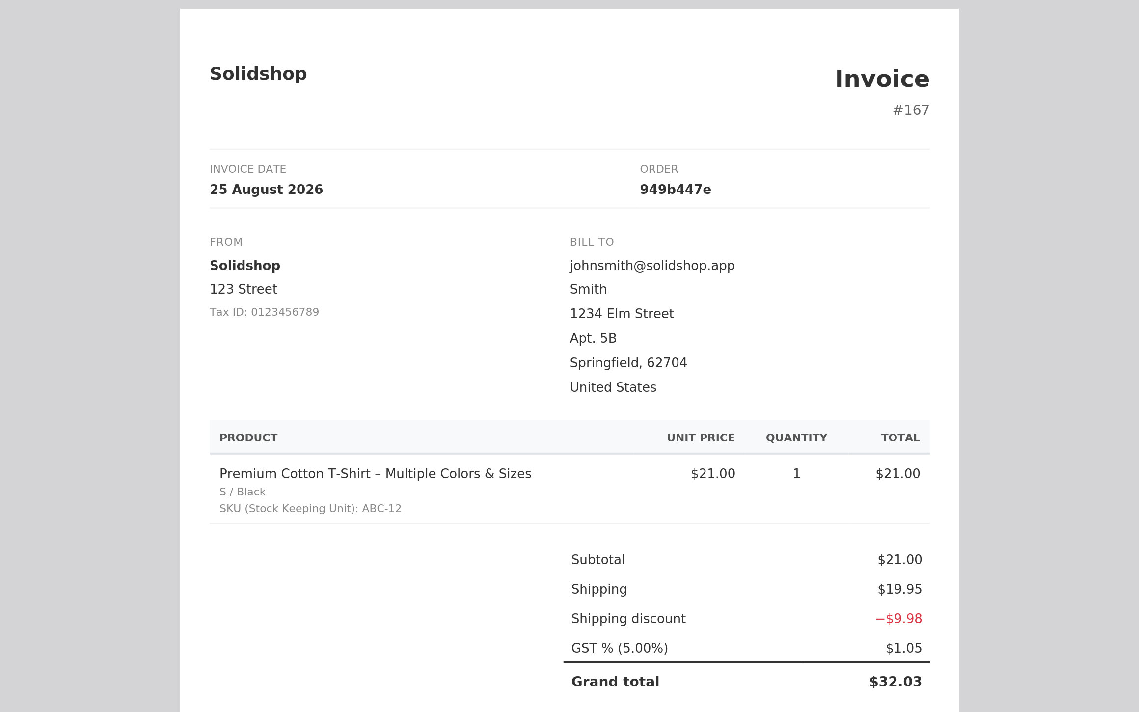 Solidshop invoice number 167 for order 949b447e, showing the product line above a totals block with a subtotal of 21.00 dollars, shipping of 19.95 dollars, a shipping discount of minus 9.98 dollars in red, GST of 1.05 dollars and a grand total of 32.03 dollars