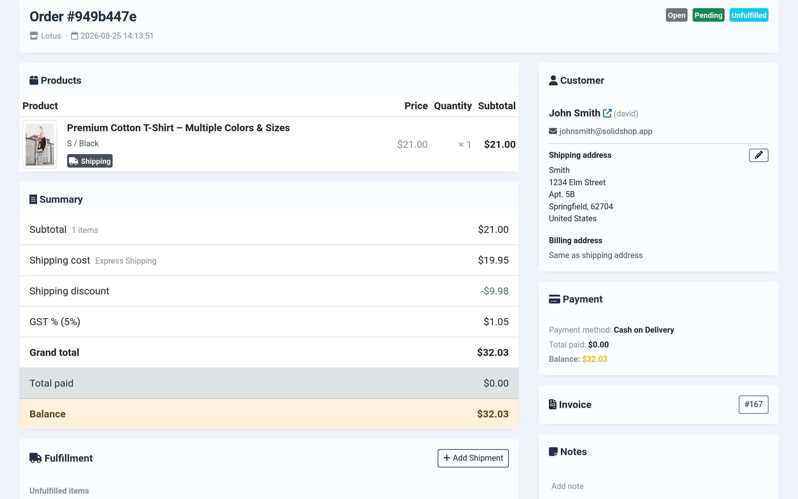A Solidshop admin order marked Open, Pending and Unfulfilled, whose summary lists a subtotal of 21.00 dollars, Express Shipping at 19.95 dollars, a Shipping discount of minus 9.98 dollars shown in green, GST at 1.05 dollars and a grand total of 32.03 dollars, paid by Cash on Delivery