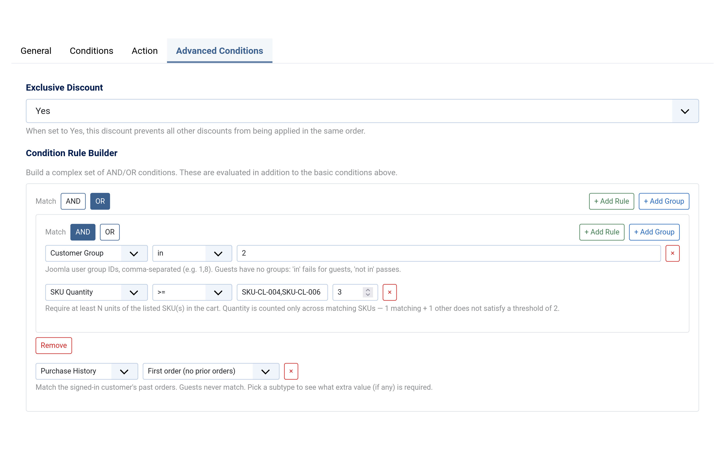 The Advanced Conditions tab of a Solidshop discount, with Exclusive Discount set to Yes above a Condition Rule Builder whose outer group matches OR: a nested AND group requiring Customer Group in 2 and SKU Quantity of SKU-CL-004, SKU-CL-006 at 3 or more, beside a second branch matching Purchase History of first order