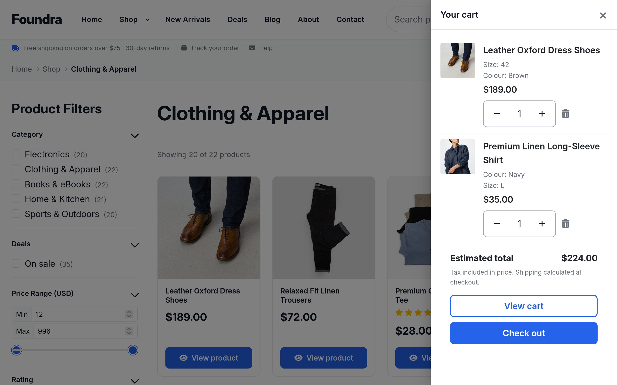 The Foundra mini-cart drawer open over a dimmed Clothing & Apparel listing page: the drawer, headed Your cart, lists Leather Oxford Dress Shoes in size 42 and brown at $189.00 and a Premium Linen Long-Sleeve Shirt in navy, size L, at $35.00, each with a quantity stepper and a delete icon, above an estimated total of $224.00, a note that tax is included and shipping is calculated at checkout, and View cart and Check out buttons; behind the scrim sit a product filters sidebar and a grid of product cards