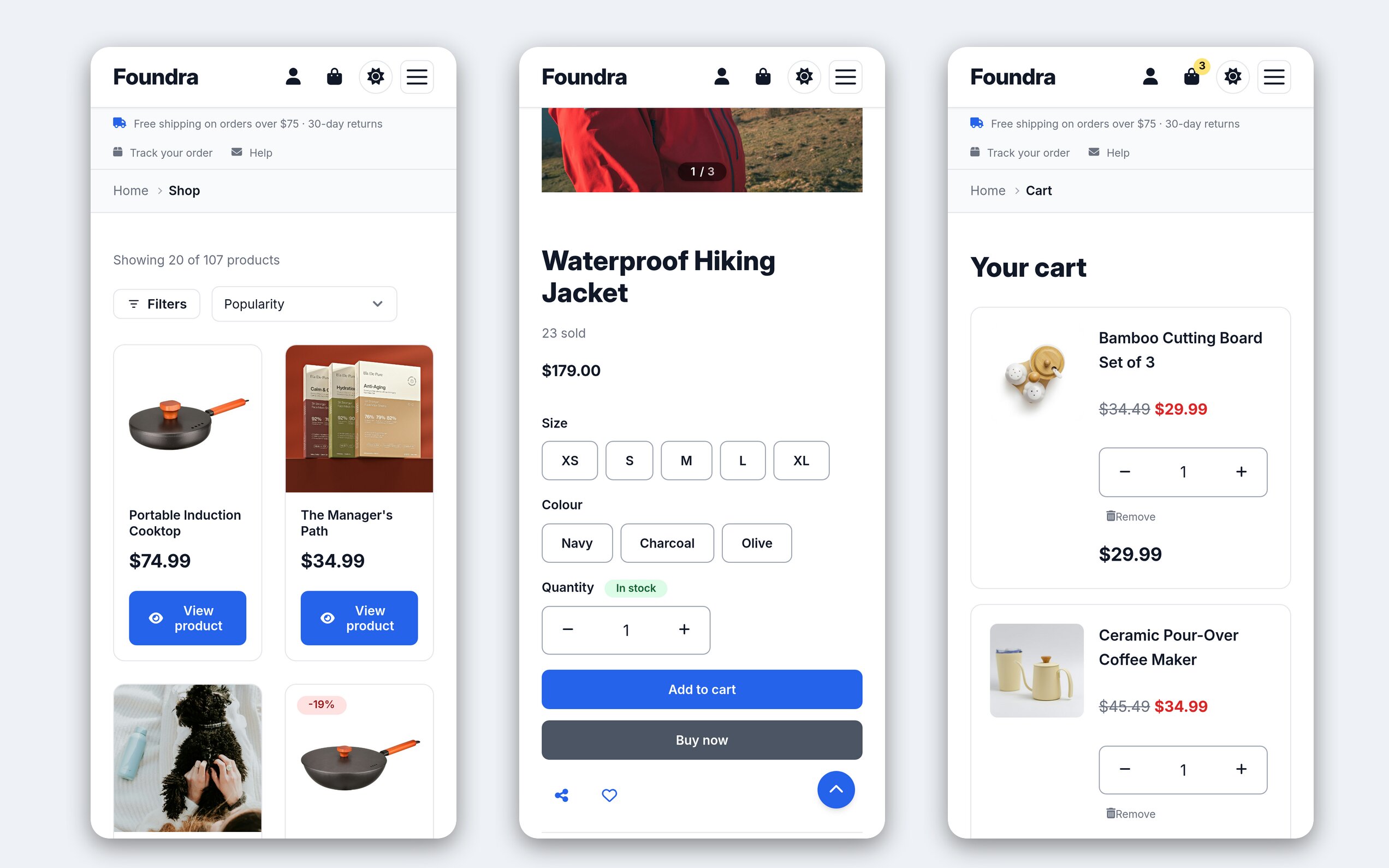 Three phone screens of the Foundra storefront side by side. Left, the Shop listing: a compact header with the Foundra wordmark and account, bag, theme and menu icons, a utility bar reading free shipping on orders over $75 and 30-day returns, the line Showing 20 of 107 products, a Filters button beside a Popularity sort menu, and a two-column grid of product cards with a View product button on each and a &minus;19% badge on one. Centre, the Waterproof Hiking Jacket page at $179.00: the gallery counter reads 1 of 3, a Size row runs XS to XL, a Colour row offers Navy, Charcoal and Olive, and an In stock badge sits over a quantity stepper above full-width Add to cart and Buy now buttons. Right, the cart with a bag badge of 3, headed Your cart, listing the Bamboo Cutting Board Set of 3 at $29.99 reduced from $34.49 and the Ceramic Pour-Over Coffee Maker at $34.99 reduced from $45.49, each with a thumbnail, a quantity stepper and a Remove link