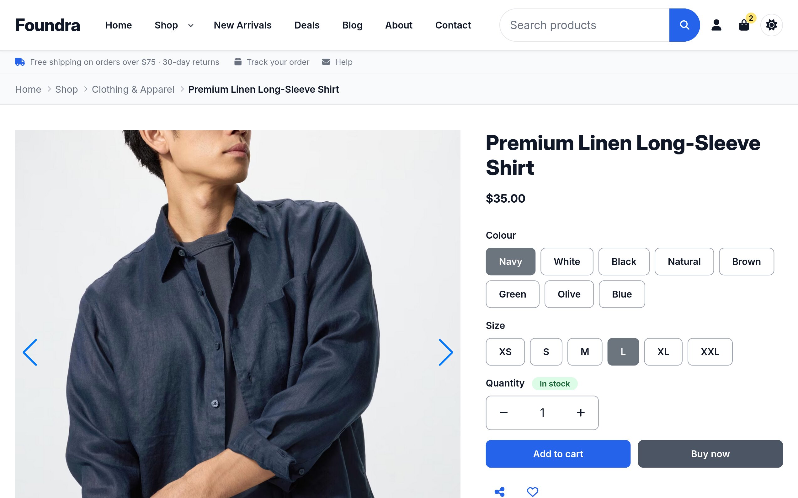 A Foundra product page for the Premium Linen Long-Sleeve Shirt at $35.00, breadcrumbed Home, Shop, Clothing & Apparel, showing a navy linen shirt on a model in the gallery beside a Colour row of eight named swatches with Navy selected, a Size row from XS to XXL with L selected, an In stock badge over a quantity stepper, and Add to cart and Buy now buttons above share and wishlist icons, with a cart badge of 2 on the header bag icon
