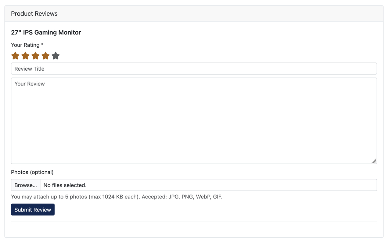 Customer review submission form with star rating, title, body, and photo upload field