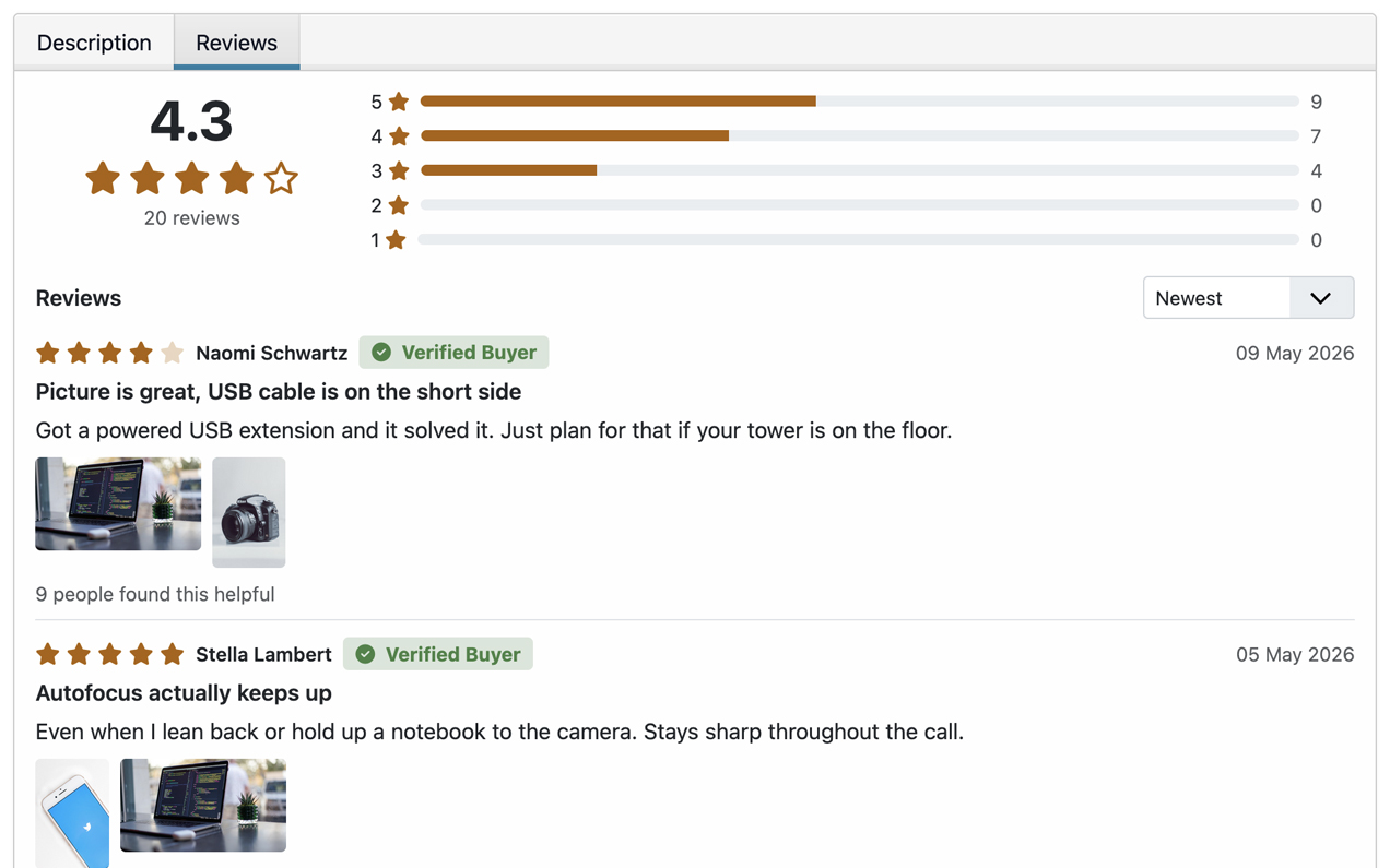 Product page review tab showing star ratings, written reviews, and verified-buyer badges