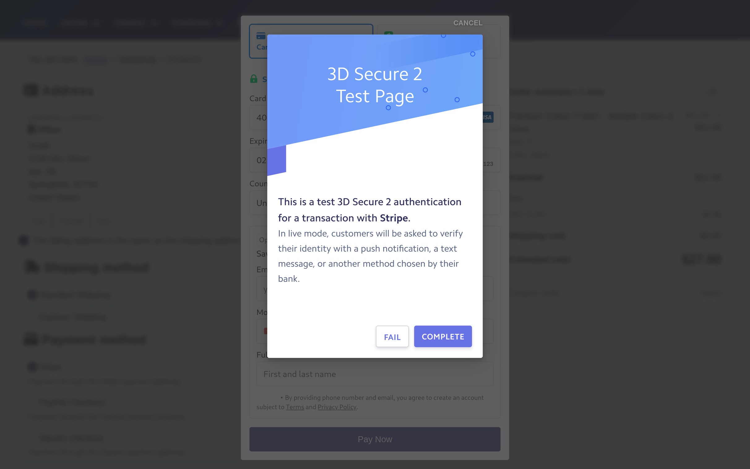 Stripe&rsquo;s 3-D Secure 2 authentication step displayed over the Solidshop checkout, with the shipping address, shipping method and payment method list visible behind the Payment Element dialog