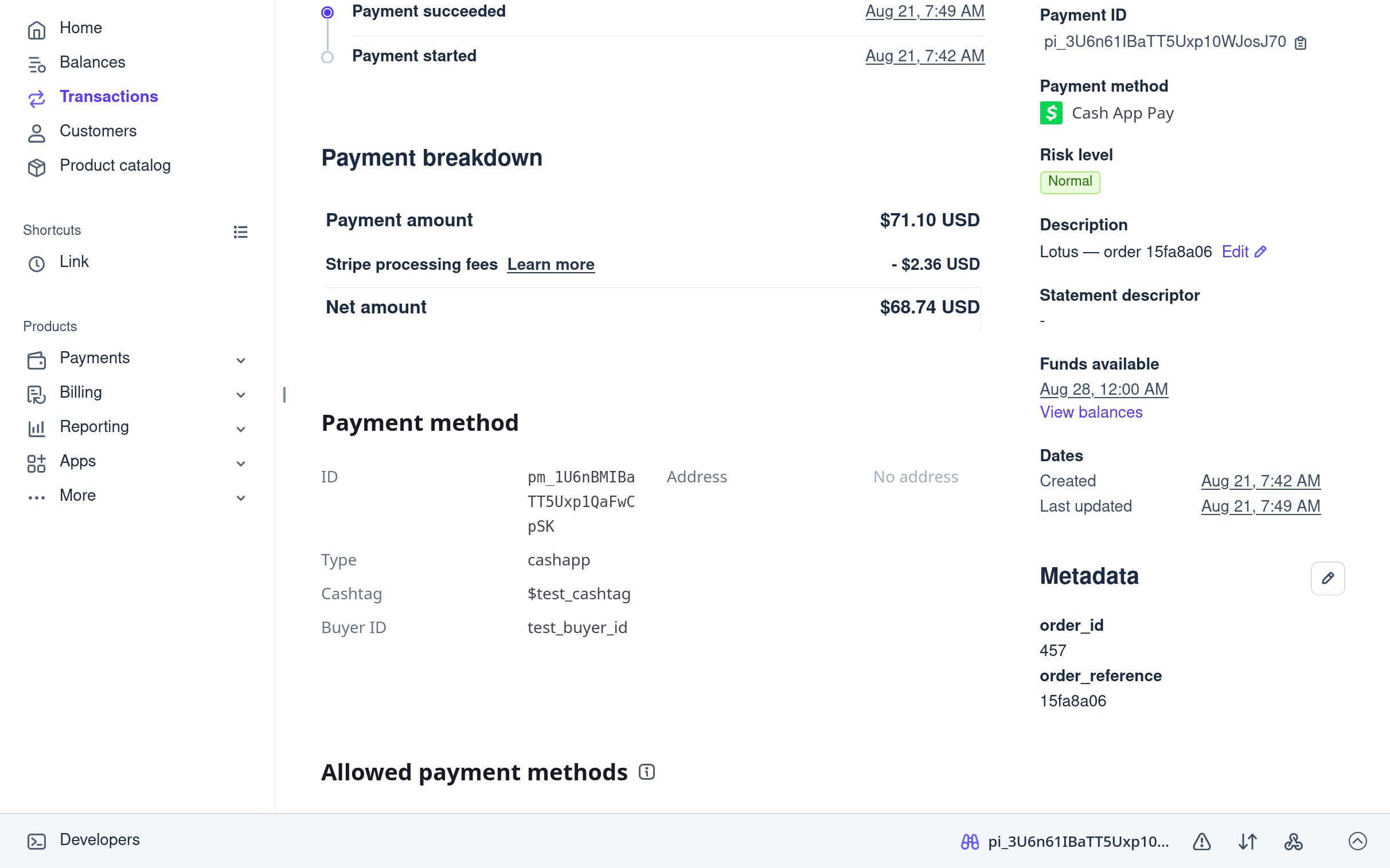 The Stripe Dashboard transaction page for a Solidshop charge, showing a payment breakdown of $71.10 less $2.36 in processing fees for a net $68.74, beside a Details panel listing the payment ID, Cash App Pay as the payment method, a description reading &lsquo;Lotus &mdash; order 15fa8a06&rsquo; and metadata entries order_id 457 and order_reference 15fa8a06
