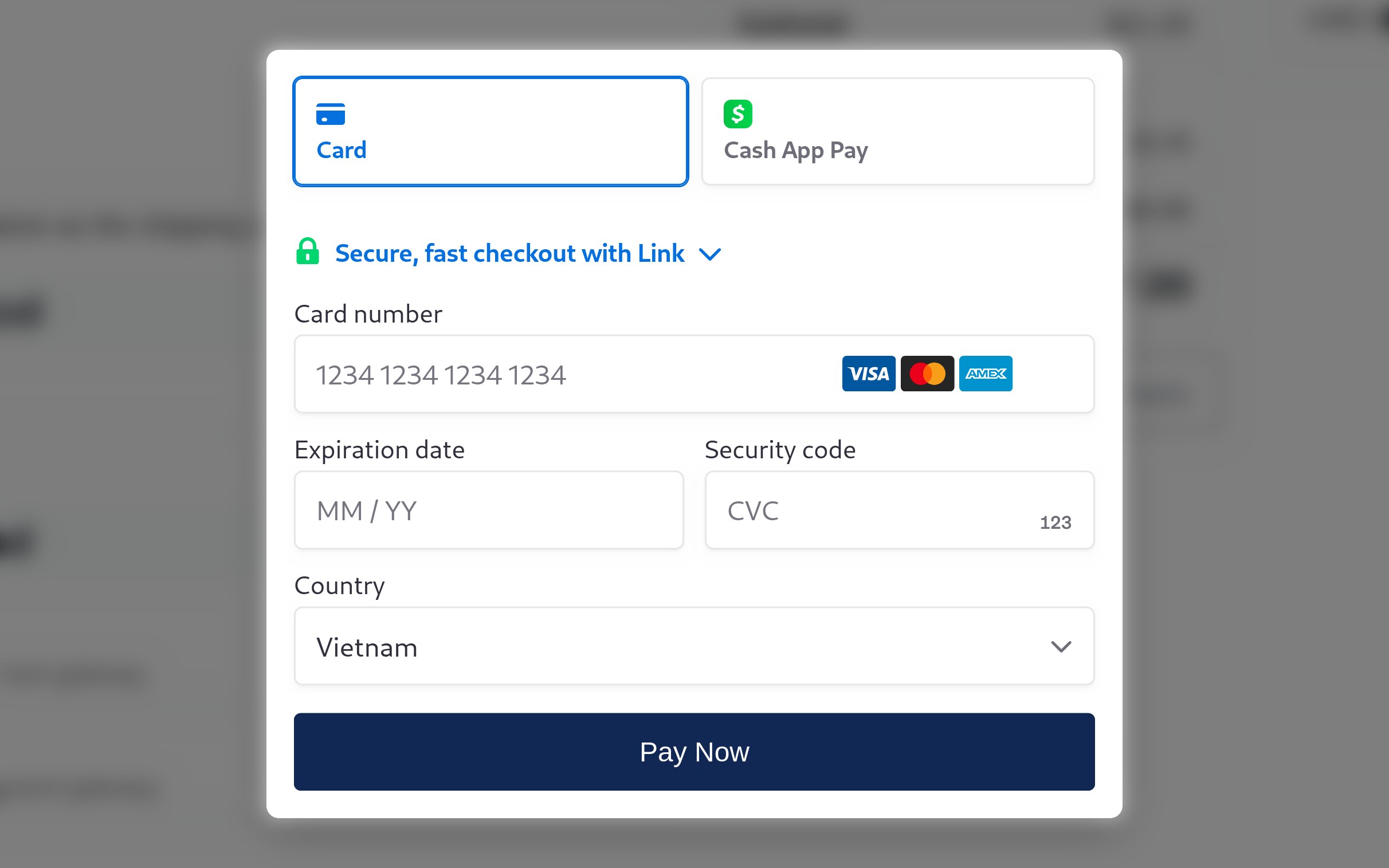 Stripe Payment Element open at the Solidshop checkout, with Card and Cash App Pay tabs above card number, expiry, security code and country fields and a Pay Now button