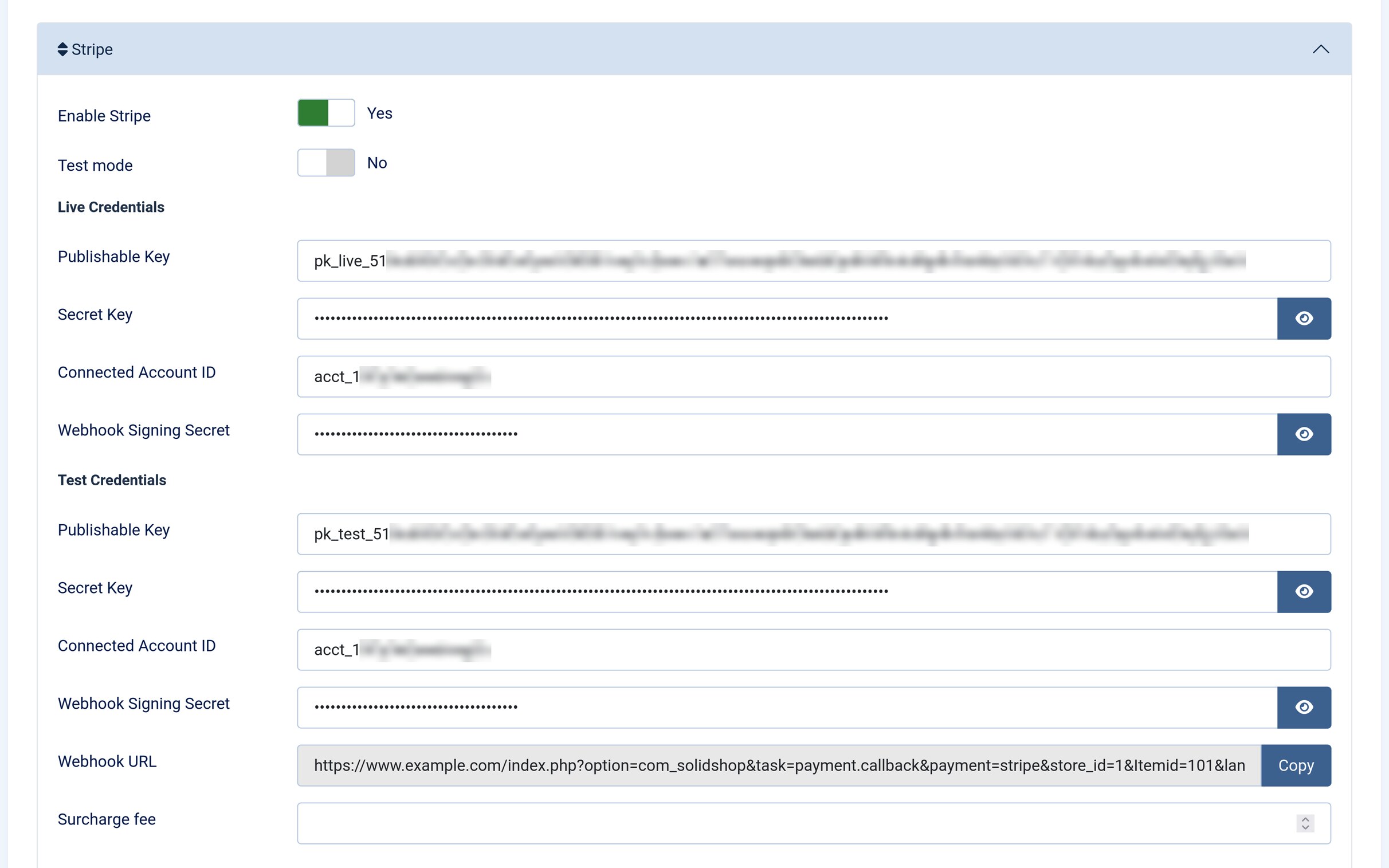 Stripe plugin parameters in the Joomla Plugin Manager, showing Enable Stripe and Test mode toggles above separate Live Credentials and Test Credentials blocks with publishable key, secret key, connected account ID and webhook signing secret fields, plus a copyable webhook URL and surcharge fee