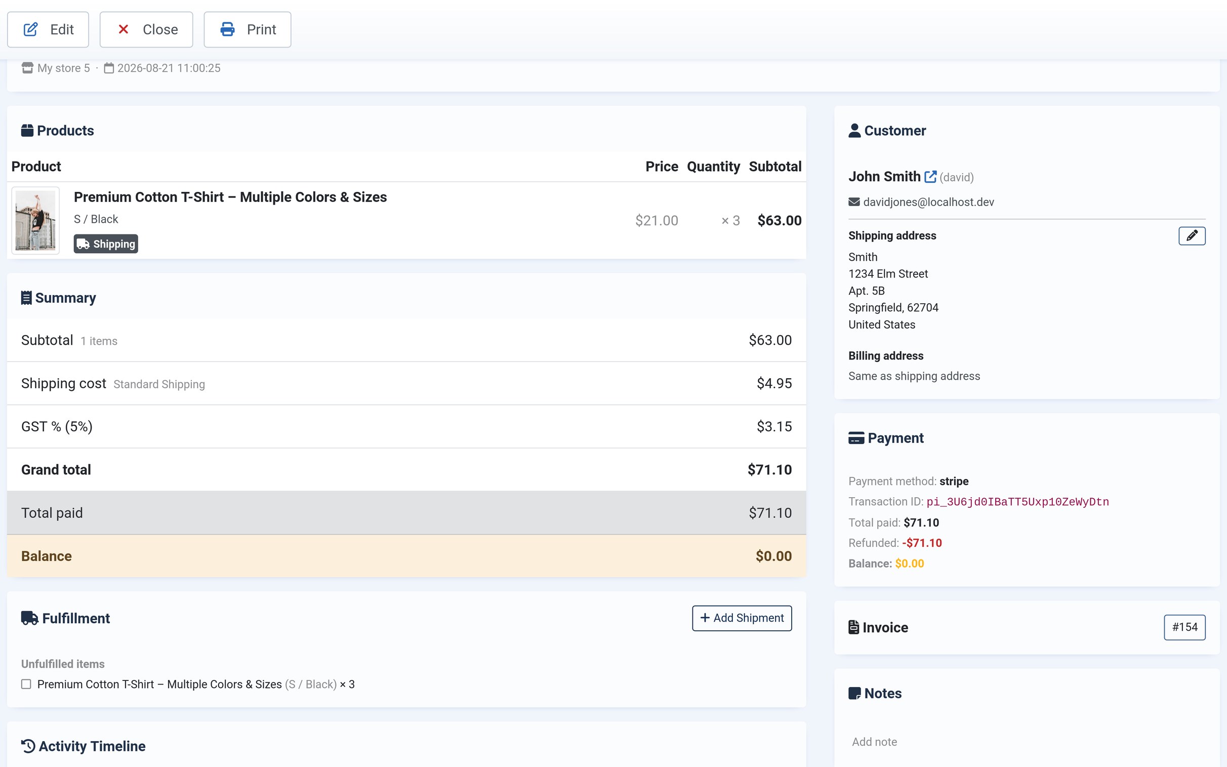 A refunded Solidshop order, with the Payment panel showing the Stripe transaction ID, total paid of $71.10, a refunded amount of -$71.10 and a zero balance beside the order summary